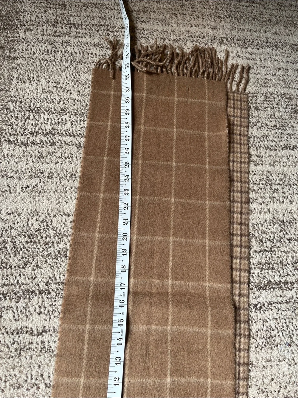 Polo by Ralph Lauren Tan and Brown Plaid Wool Scarf with Fringe